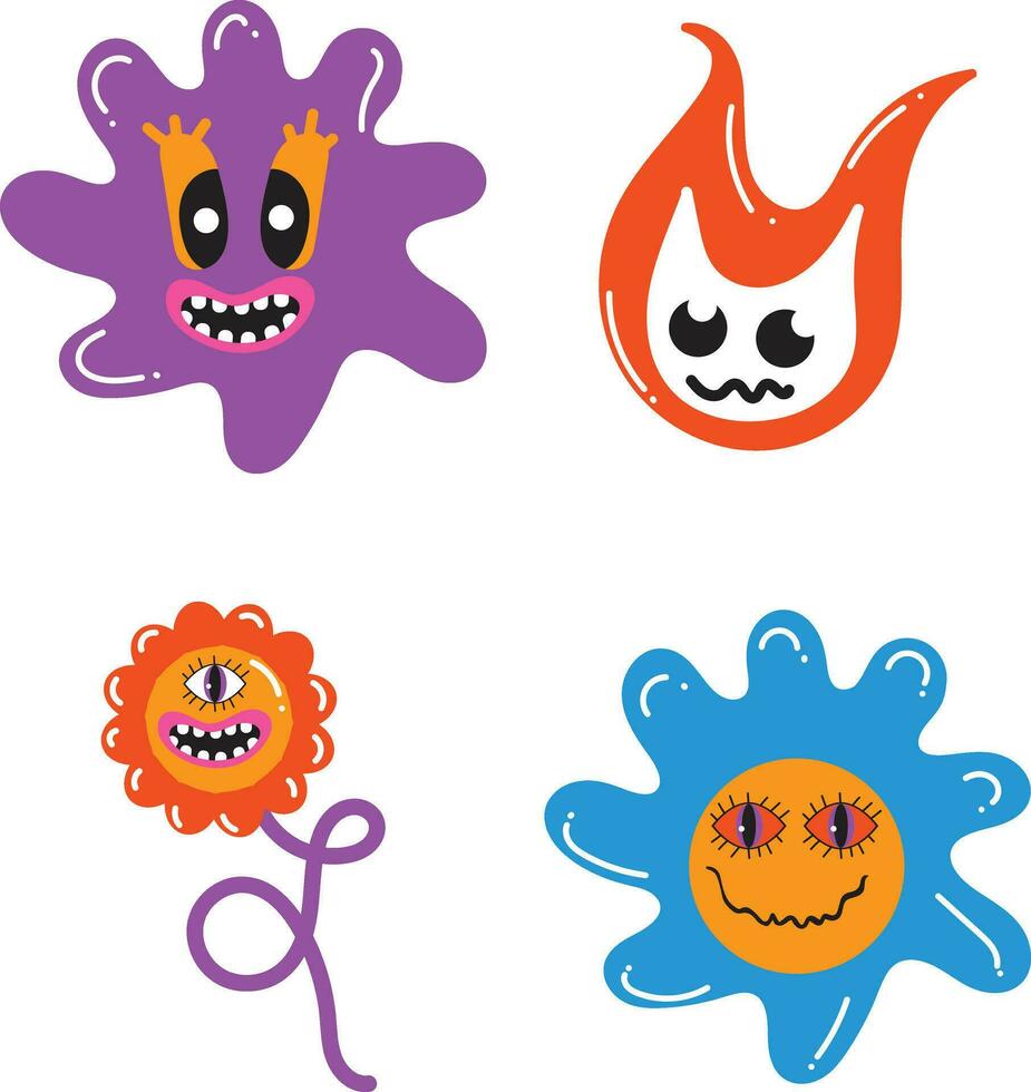 Retro 70's Groovy Psychedelic Hippie Set. In Various Form. Isolated Vector