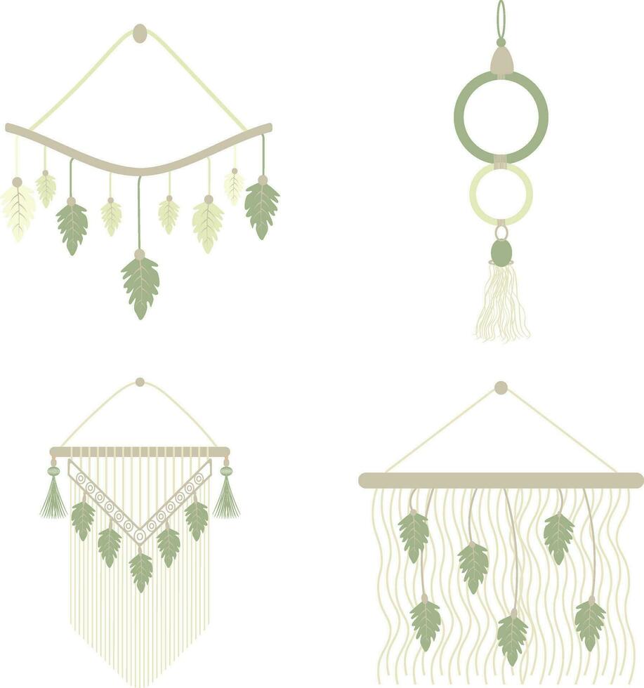 Macrame Wall Hanging with Knitted Decoration Boho Style. Vector Illustration Set