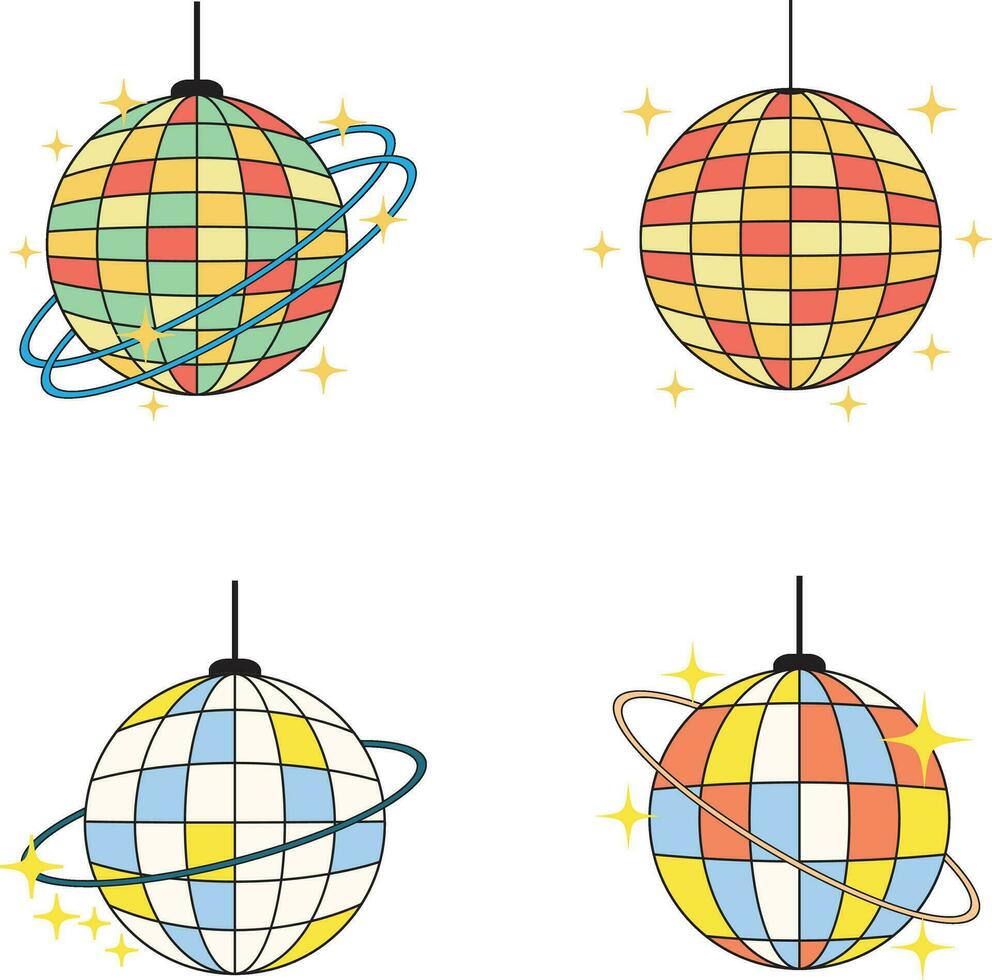 Set of Colorful Retro Disco Ball. 70s Design Style vector