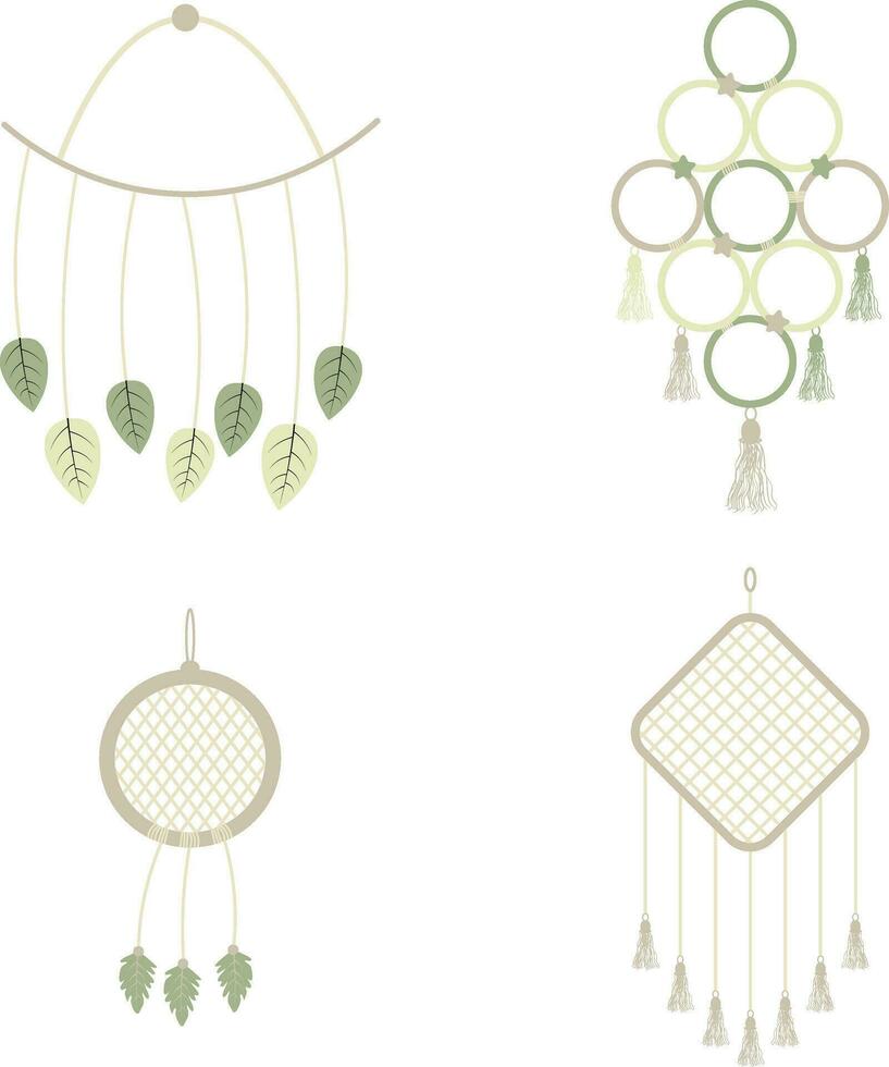 Macrame Wall Hanging with Knitted Decoration Boho Style. Vector Illustration Set