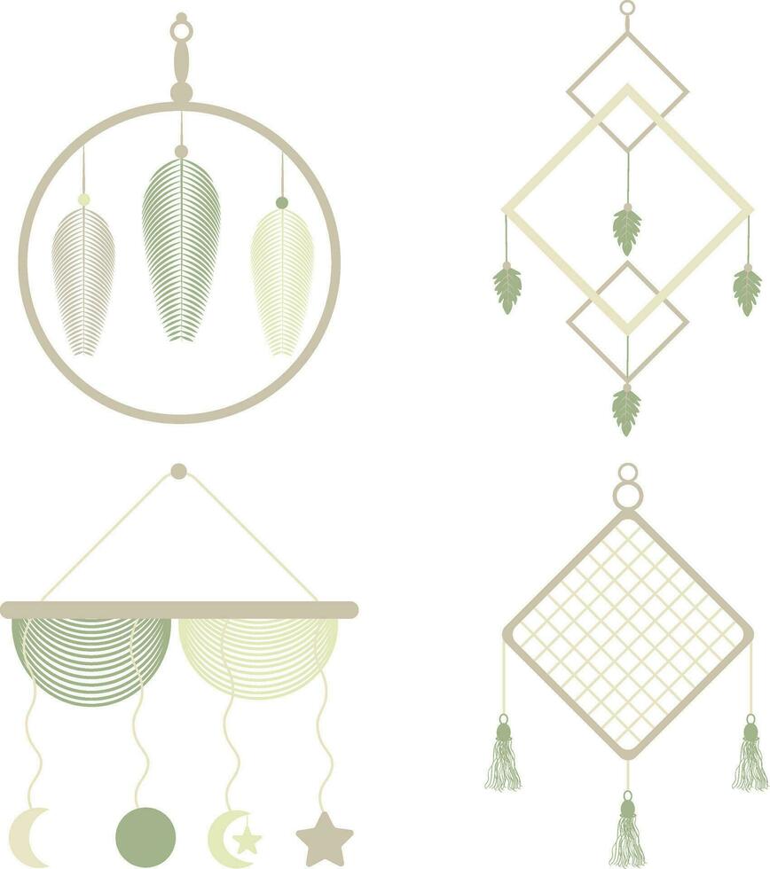 Macrame Wall Hanging with Knitted Decoration Boho Style. Vector Illustration Set