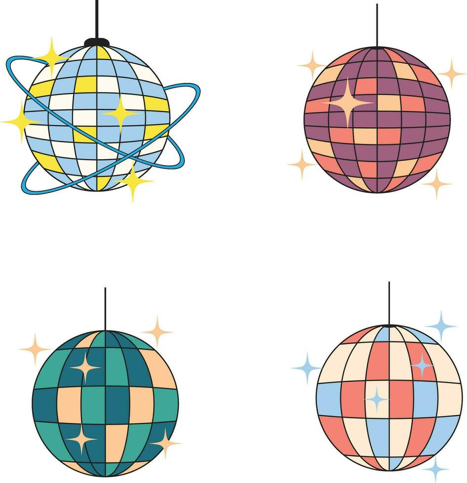 Set of Colorful Retro Disco Ball. 70s Design Style vector