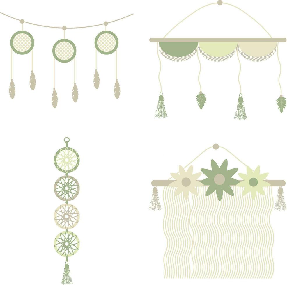 Macrame Wall Hanging with Knitted Decoration Boho Style. Vector Illustration Set