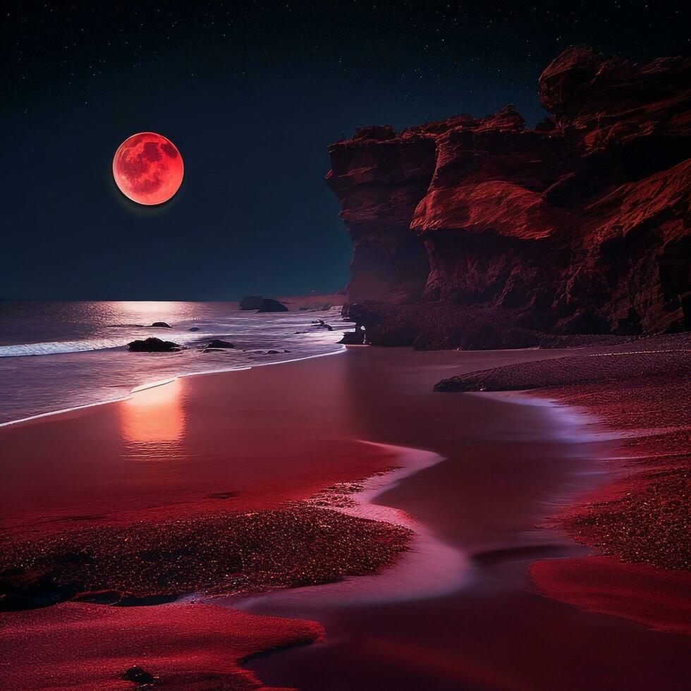 A mysterious beach at night, illuminated by a red moon, with the dark sea stretching out into the horizon. Ultra realistic. Generative AI photo