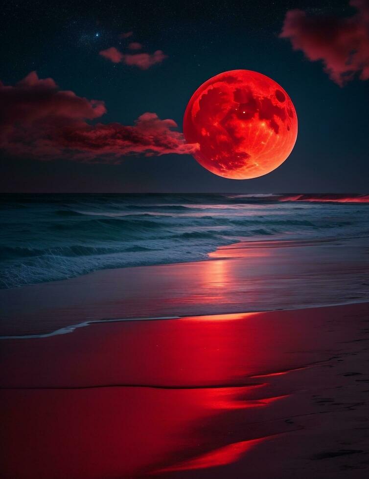 A mysterious beach at night, illuminated by a red moon, with the dark sea stretching out into the horizon. Ultra realistic. Generative AI photo