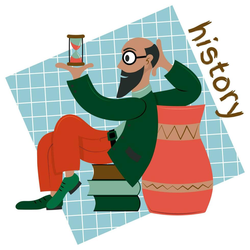 An elderly history teacher looks at hourglass sitting on books and leaning on ancient vase. History lesson in school or university. Flat vector illustration.