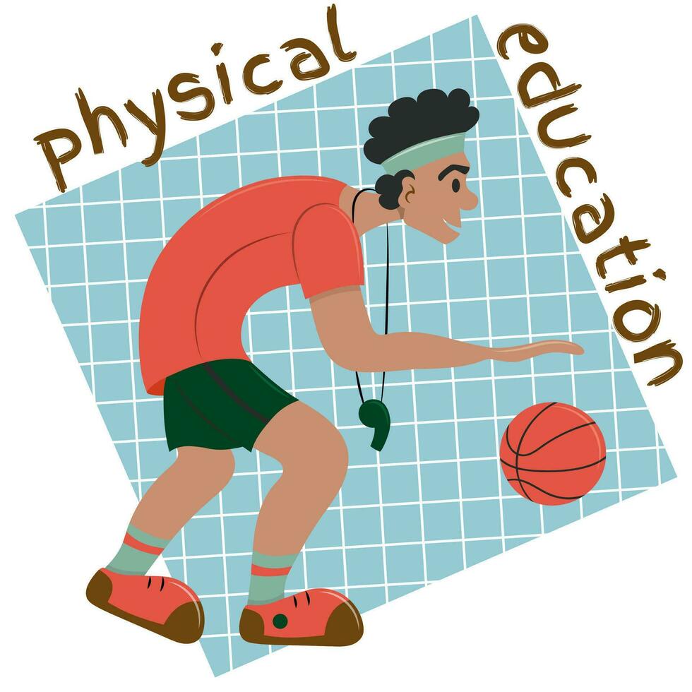 Physical education teacher with whistle and basketball. Basketball player or referee. Flat vector illustration.