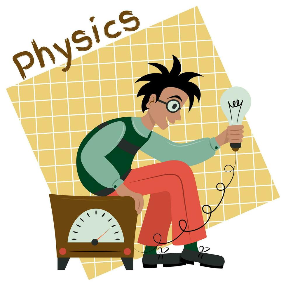 Physics teacher conducts an experiment with an electric current. Physics lesson at school or university. Flat vector illustration.