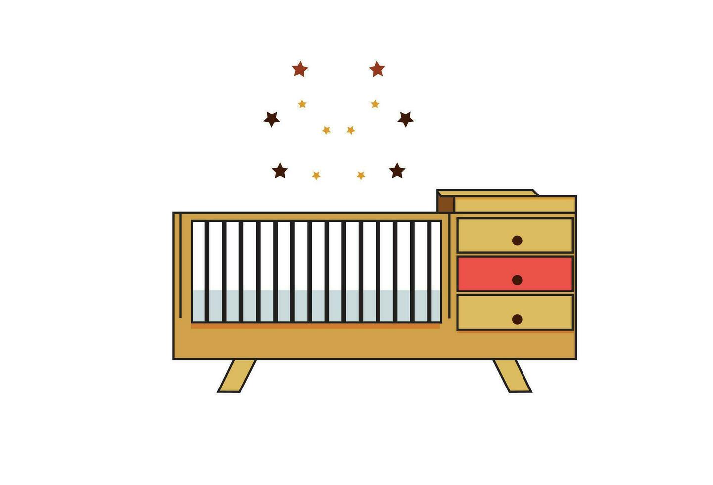 baby wooden crib cradle bed, complete with a pillow, mattress, and protective grilles. It symbolizes a cozy and secure environment for a child's sleep in the interior of a children's room. vector