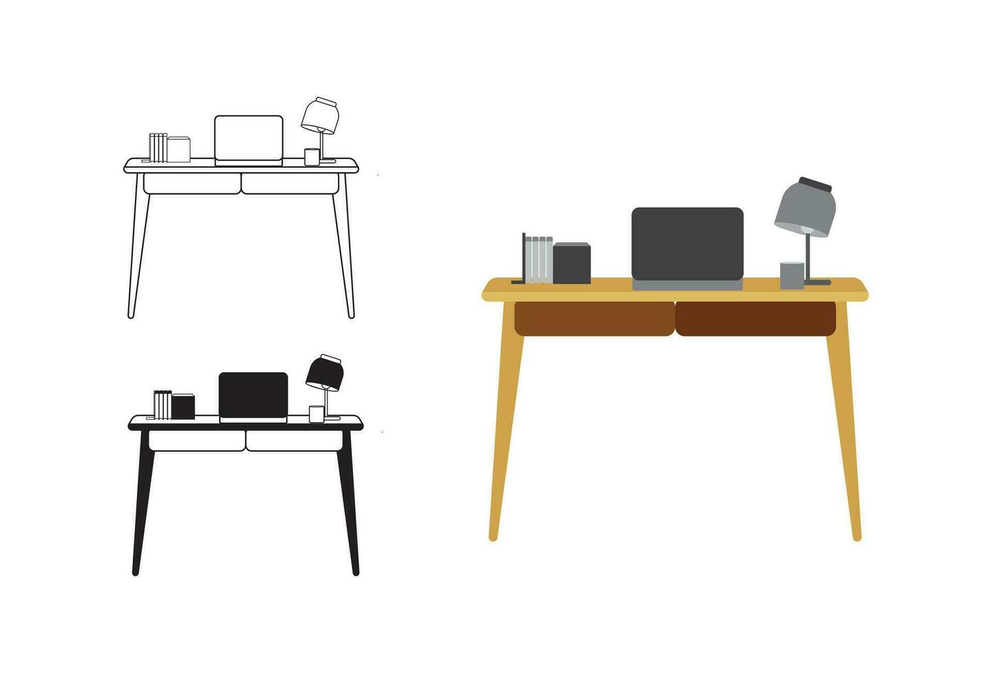 An illustration of a business office desk depicted in line art style, with variations available in both filled vector and colorful vector formats.