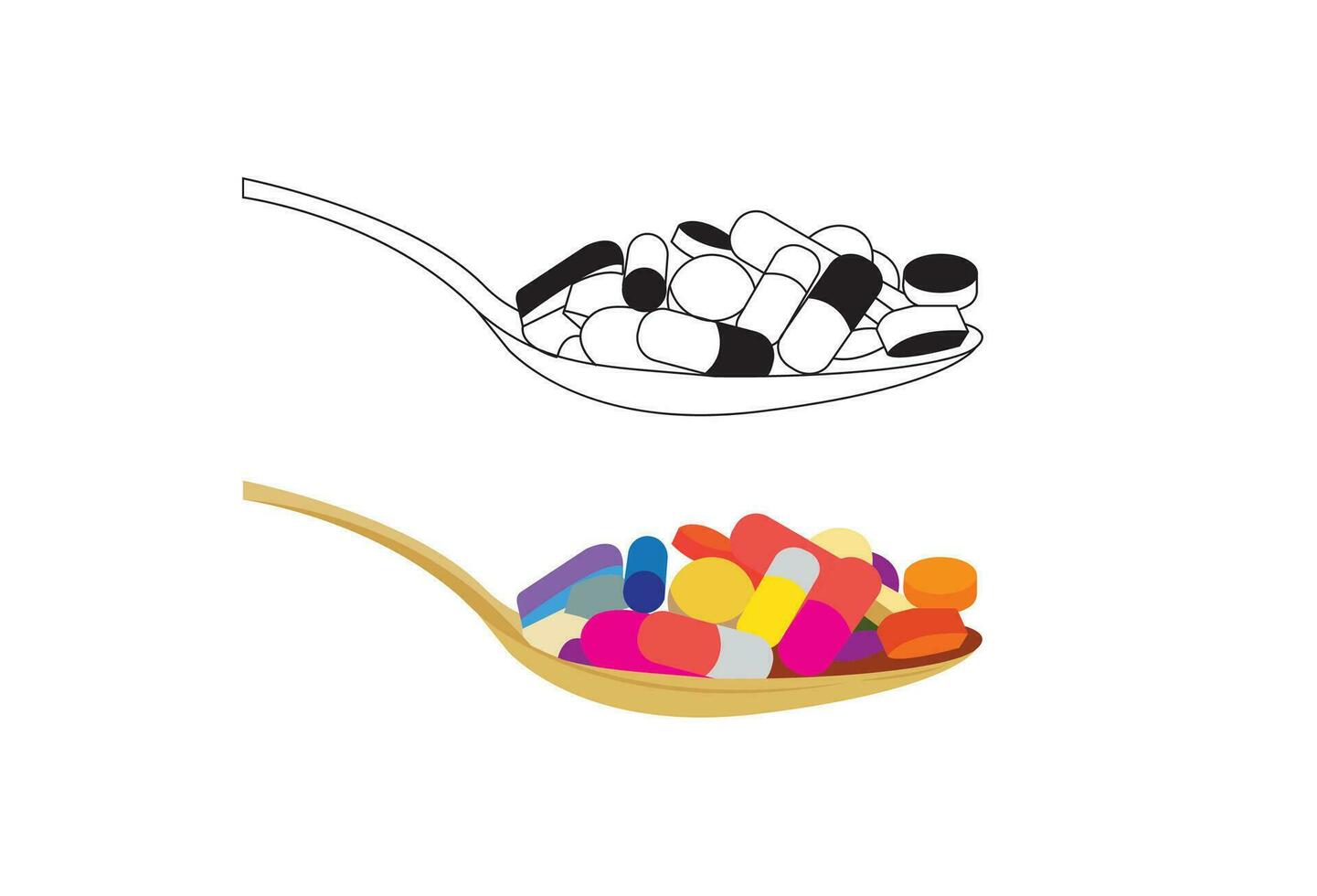 medical tablets in various colors and shapes, including pills and capsules, all isolated on a white background. The artwork is depicted in a cartoon-style design with a simple and flat appearance, vector