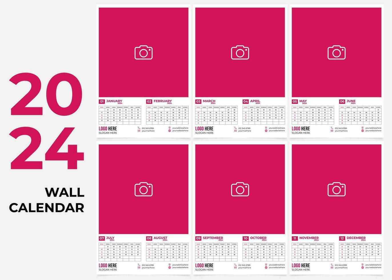 Wall Calendar Design Template 2024. 6 Page Wall Calendar Design 2024 vector