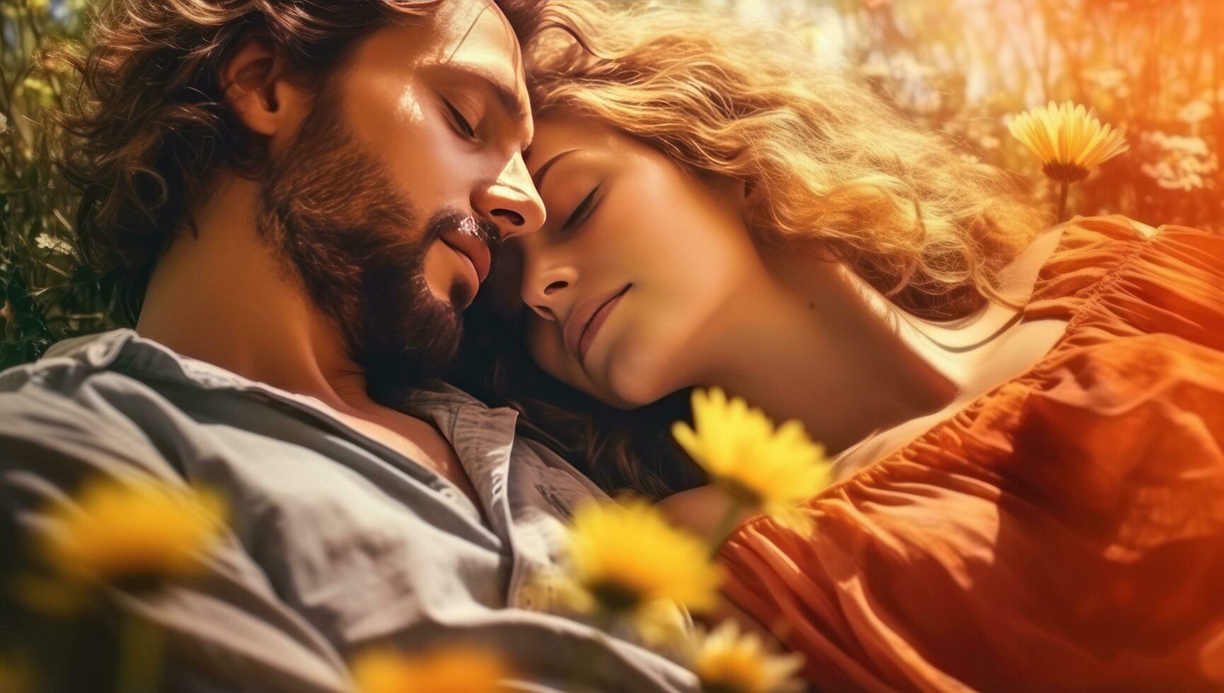 Couple on flower meadow photo