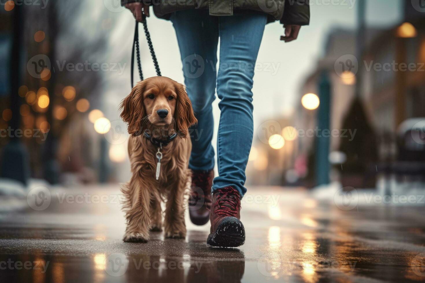 dog walking with unrecognizable owner in city street crosswalk, AI Generated photo