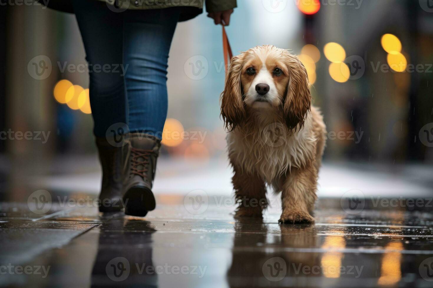 dog walking with unrecognizable owner in city street crosswalk, AI Generated photo