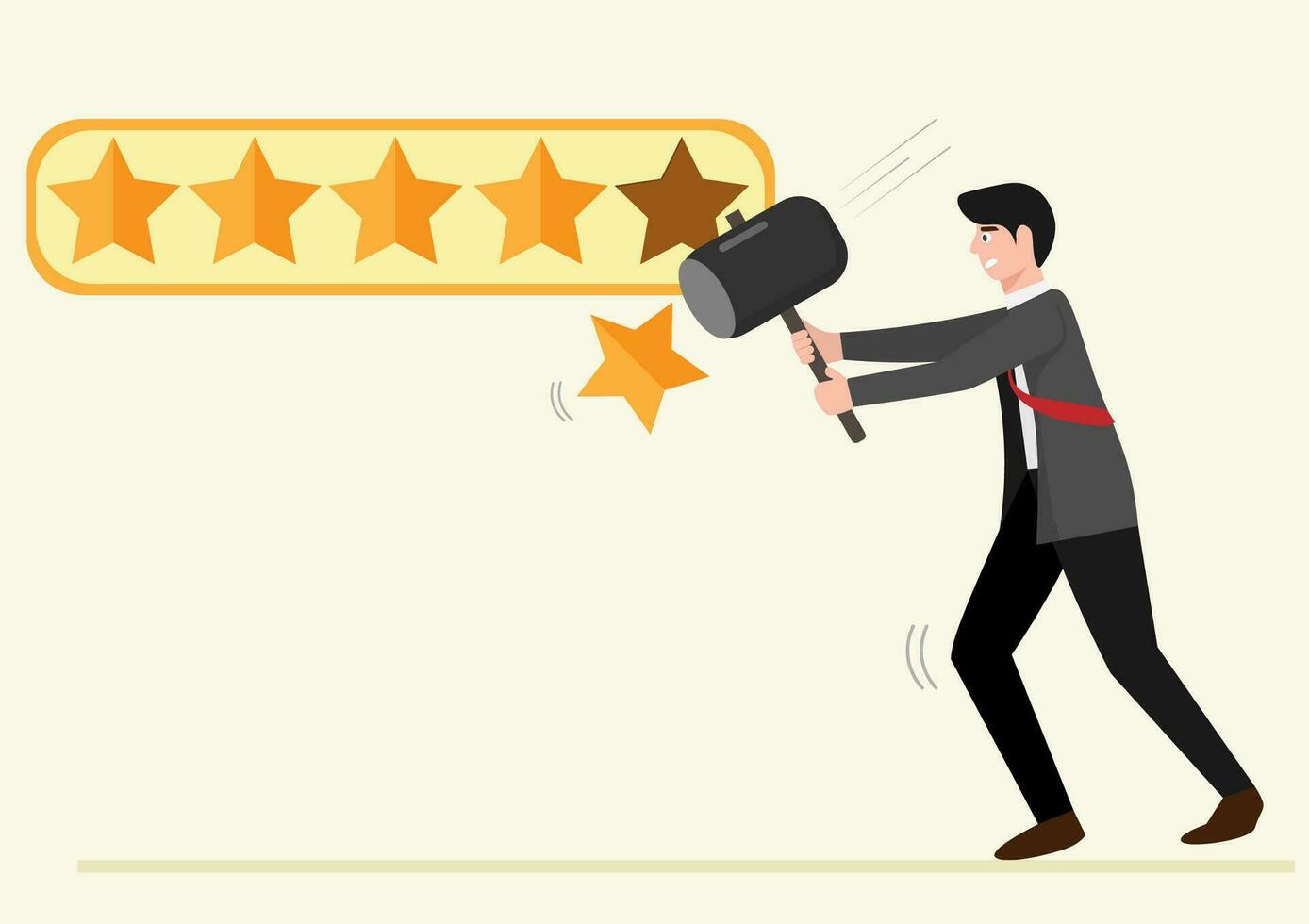 Downgrade credit rating, decrease reputation, trust or score drop, negative feedback, loss credit score or reduction concept, businessman hit star credit rating with big hammer. vector