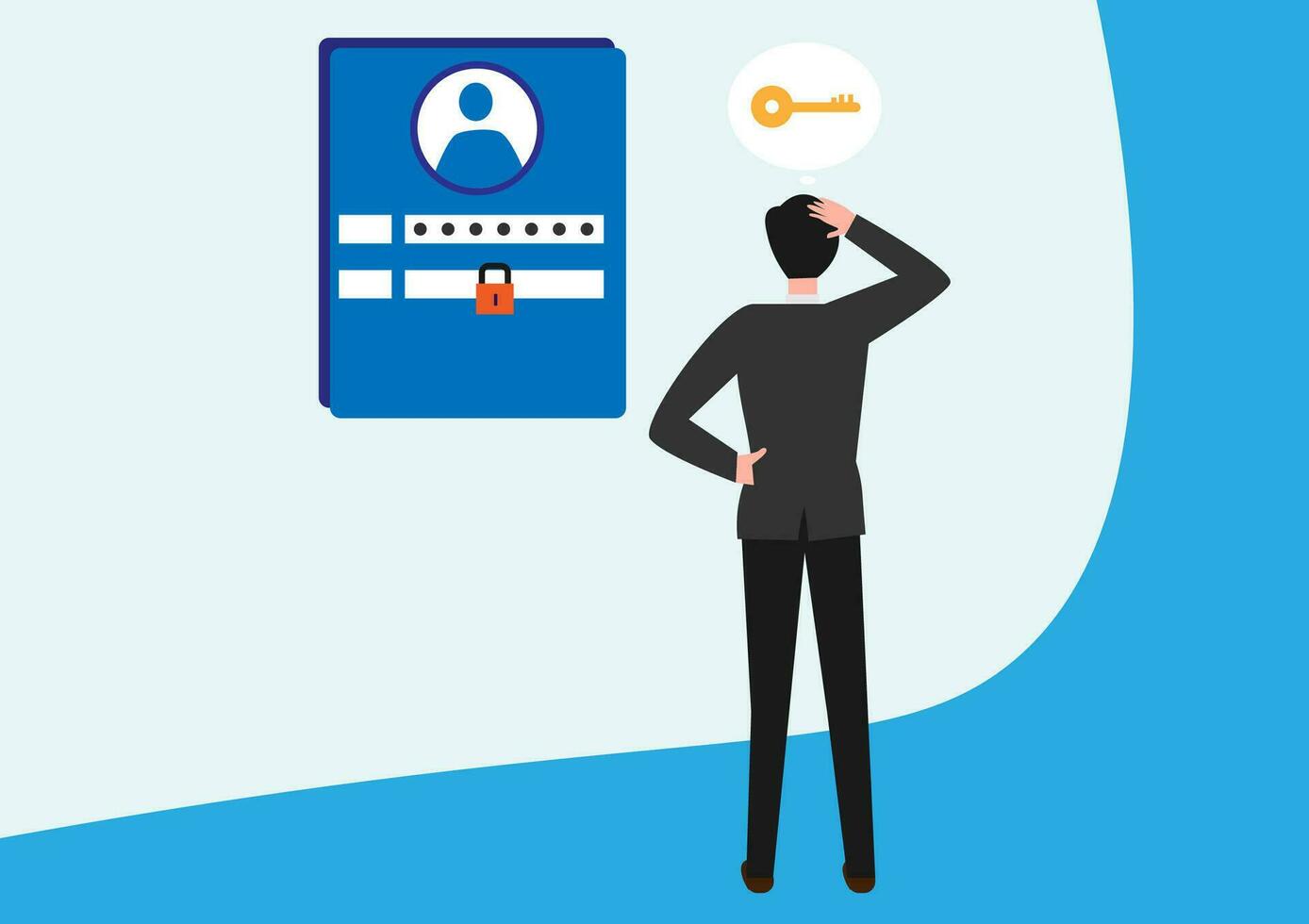 forgot password and username concept, businessman confused forgot password illustration, account protection, danger warning, wrong password. flat vector illustration on a white background.