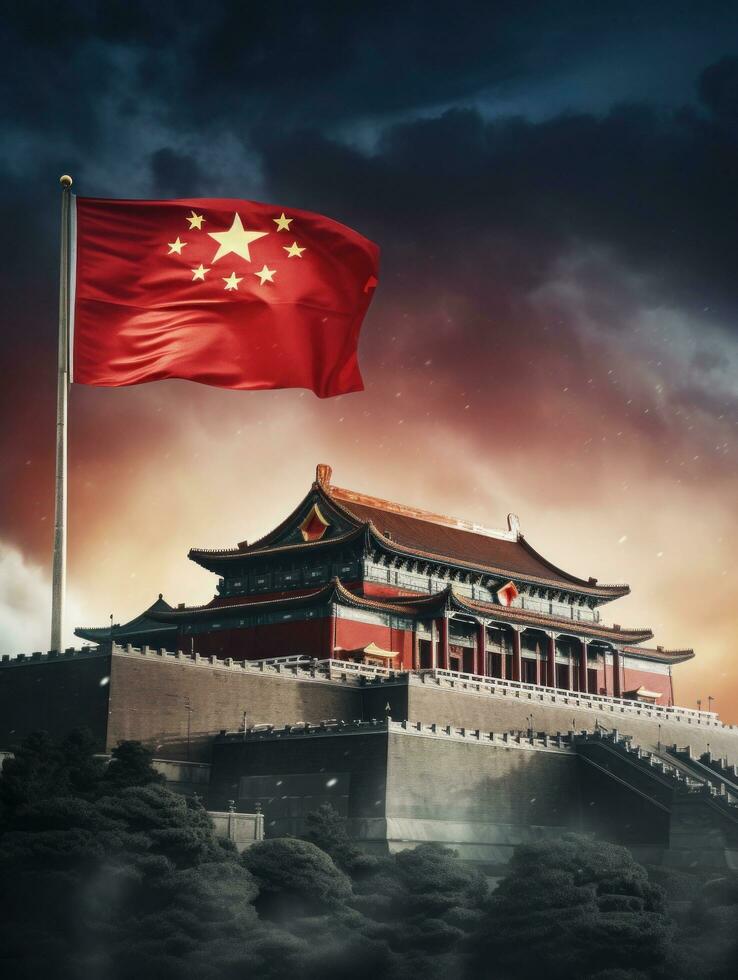 chino nacional bandera, el nacional día de el gente república de China en octubre 31, aniversario de el chino personas y el genial celebracion de el gente república de china.generativa ai foto