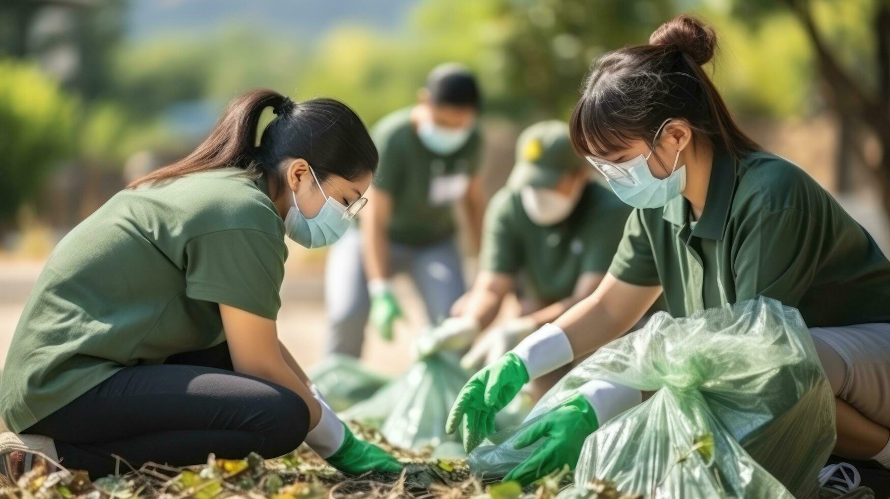 un grupo de personas son utilizando guantes a recoger arriba basura foto