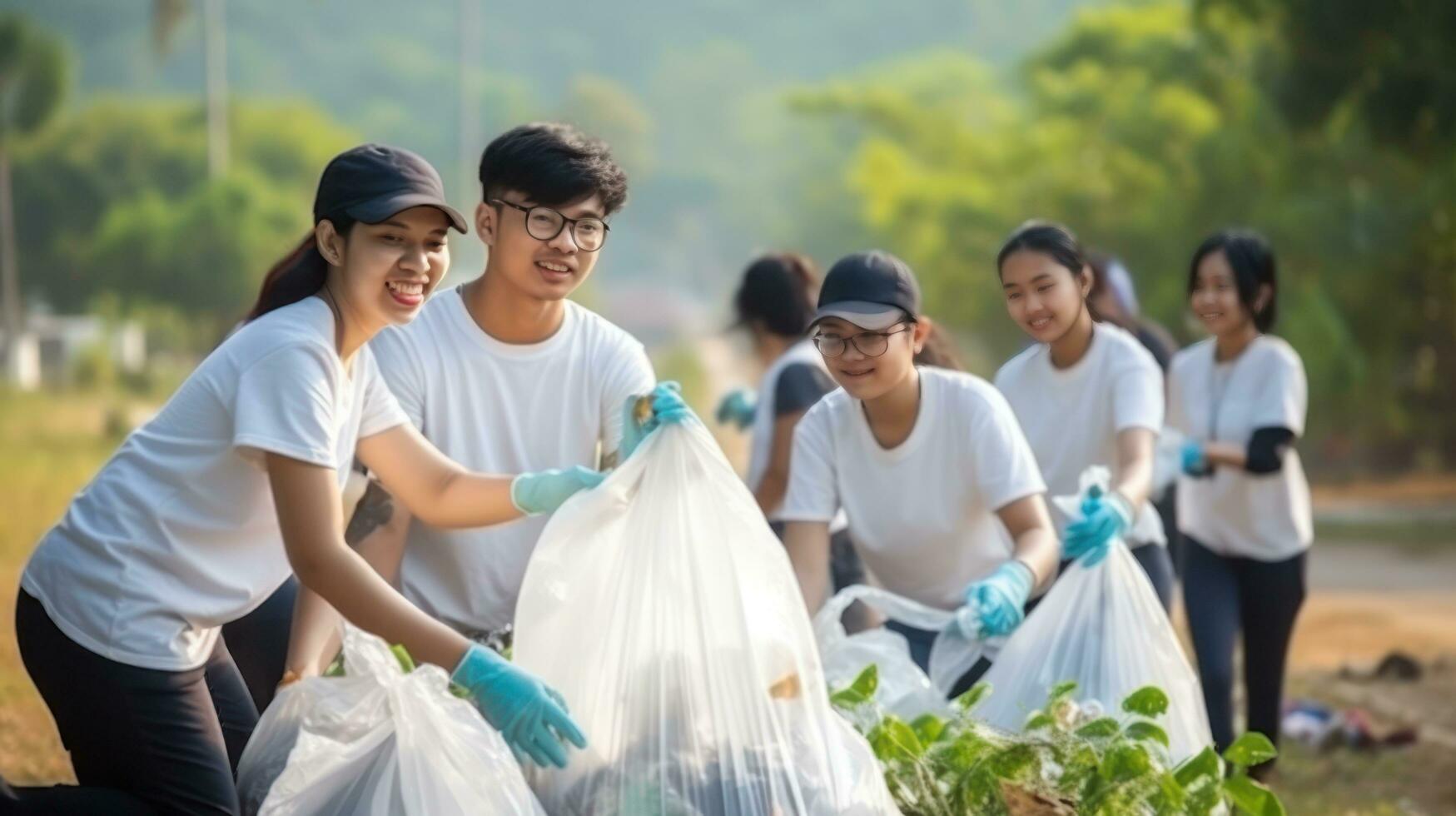A group of people are using gloves to pick up trash photo