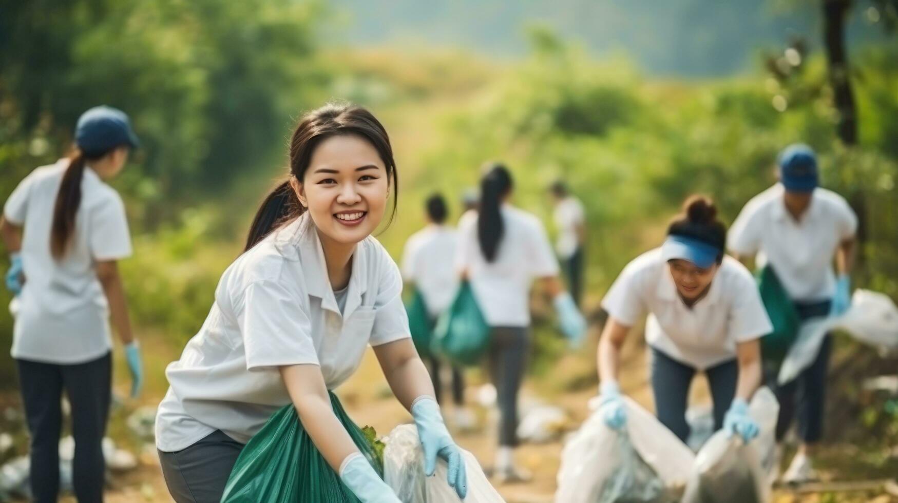 A group of people are using gloves to pick up trash photo