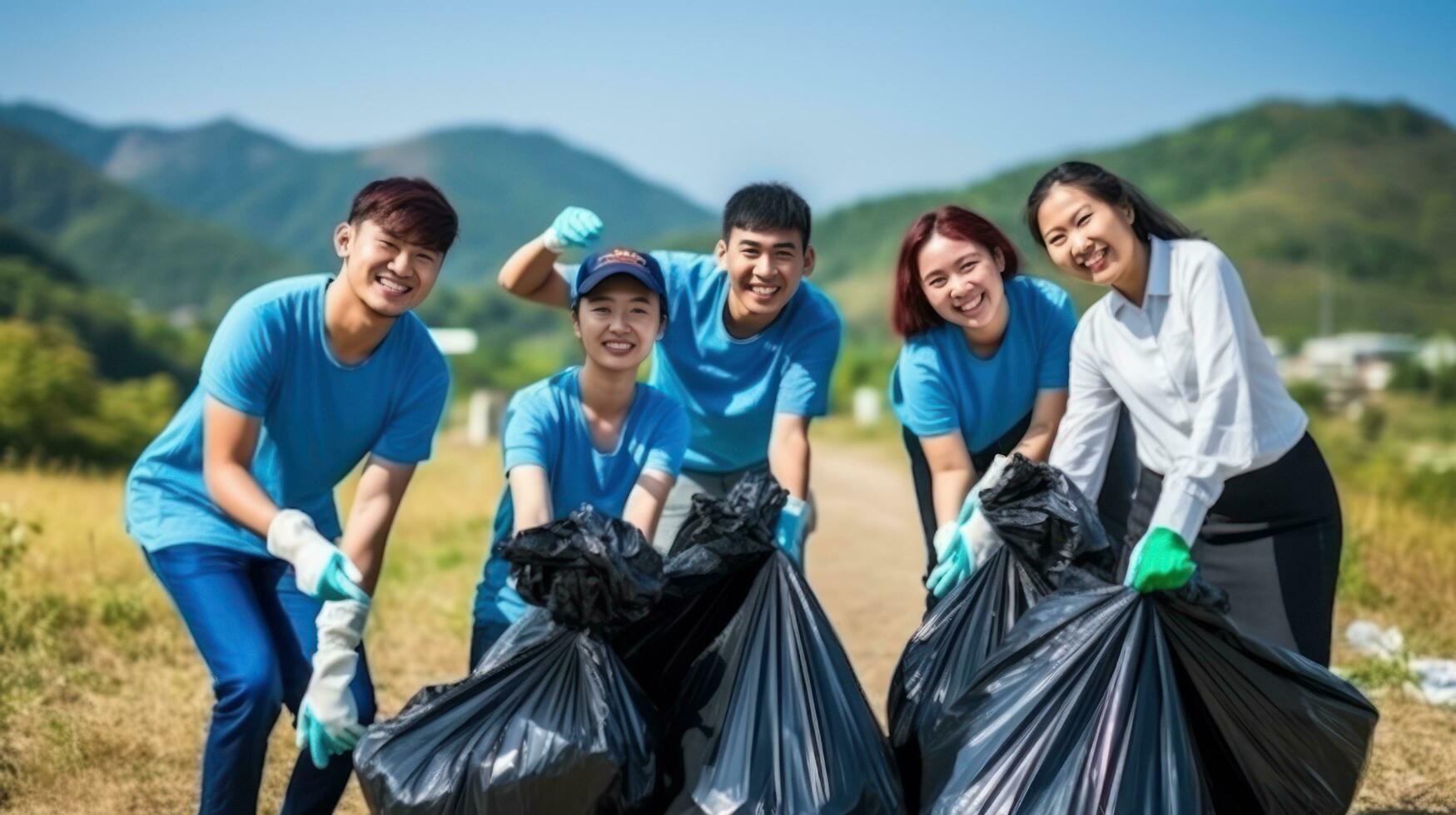 A group of people are using gloves to pick up trash photo