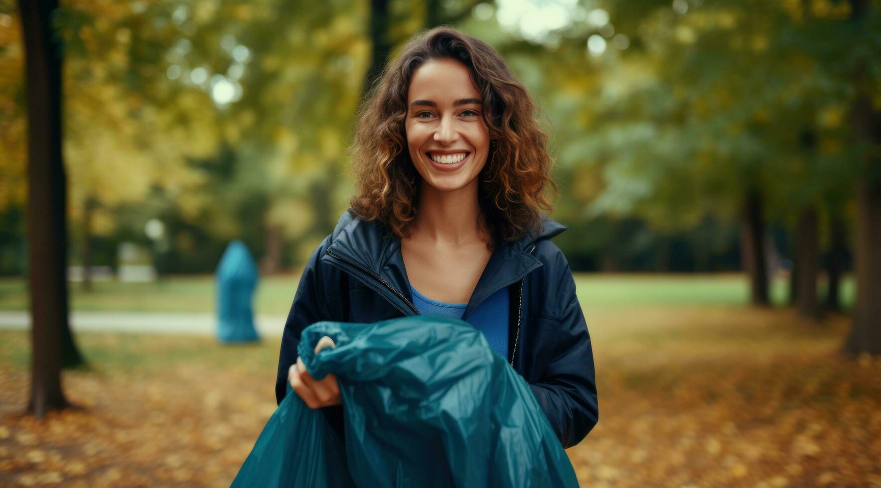 A woman holding an empty garbage bag in the park photo