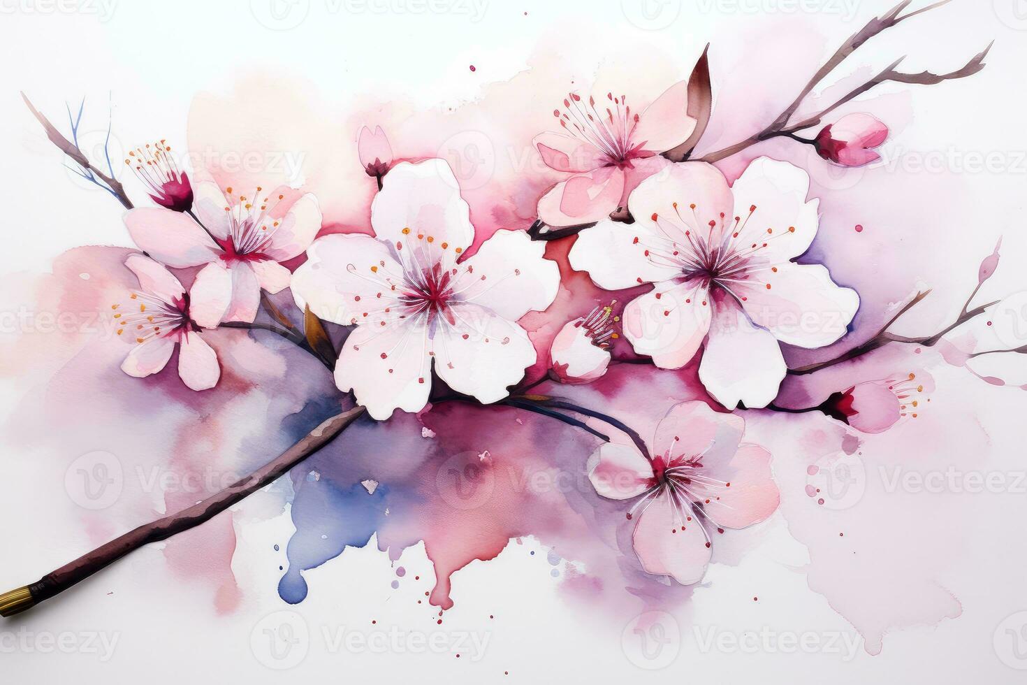 beautiful watercolor sakura branch isolated on white, AI Generated photo
