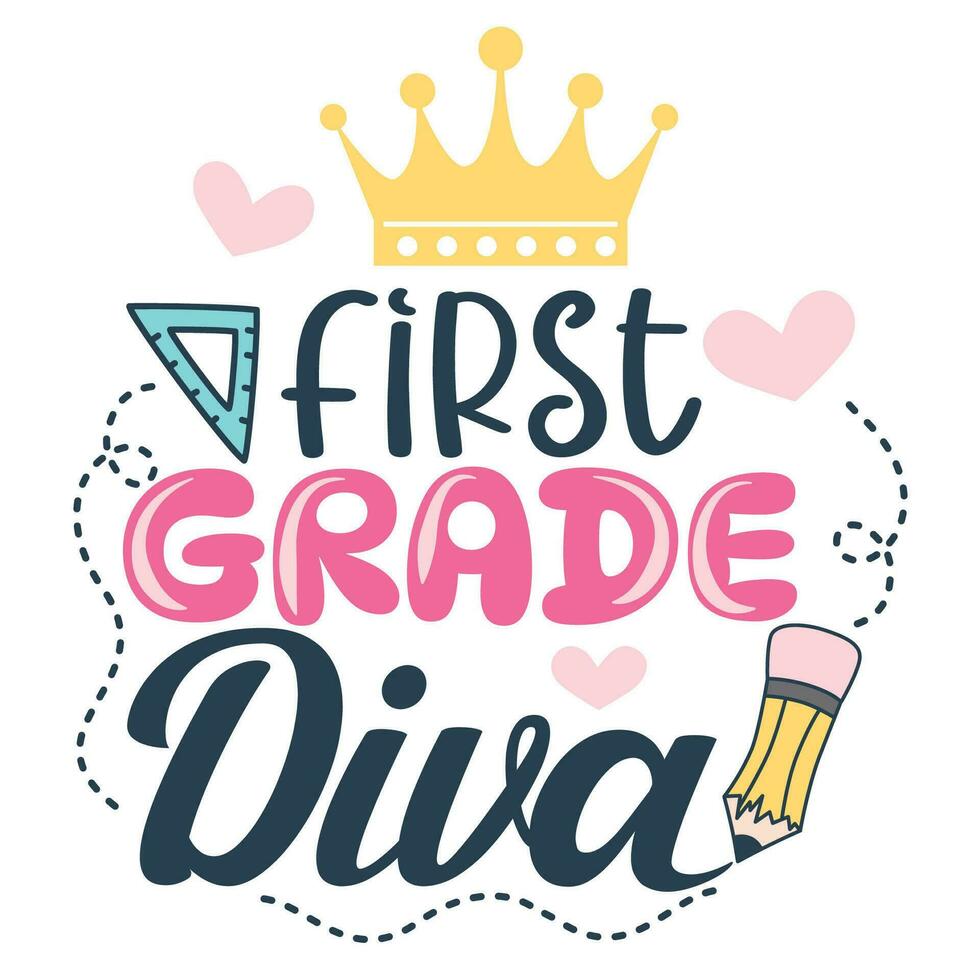 primero grado diva vector ilustración para colegio muchacha. primero día de escuela. Hola Primero grado diseño bueno para álbum de recortes, carteles, plantilla, saludo tarjetas, pancartas, textiles