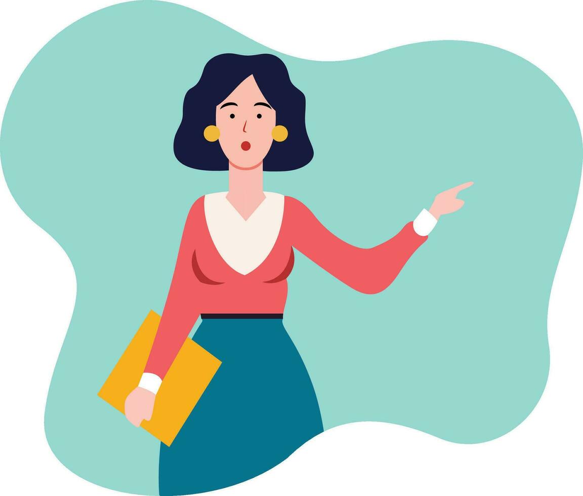 Female school teacher holding a file folder and pointing a finger flat style vector illustration, Lady school teacher wearing a red top and blue bottom flat style stock vector image