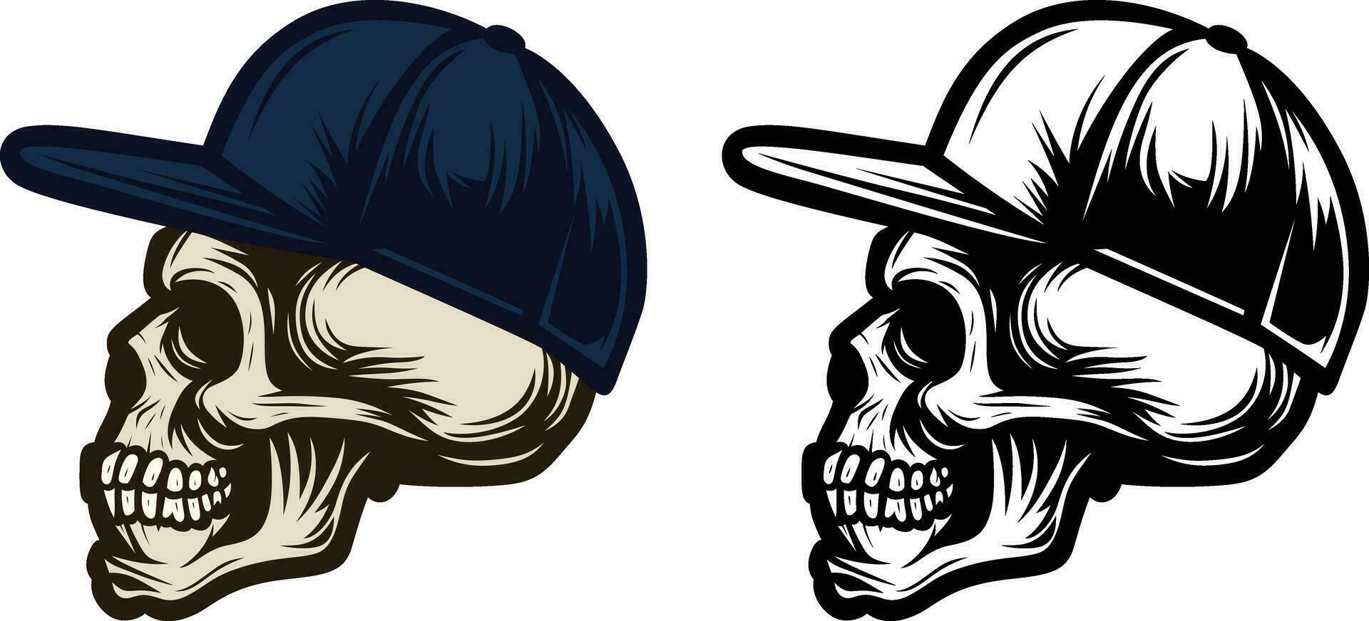 Skull wearing a baseball cap side view vector illustration, Skull head with a base ball sport hat stock vector image