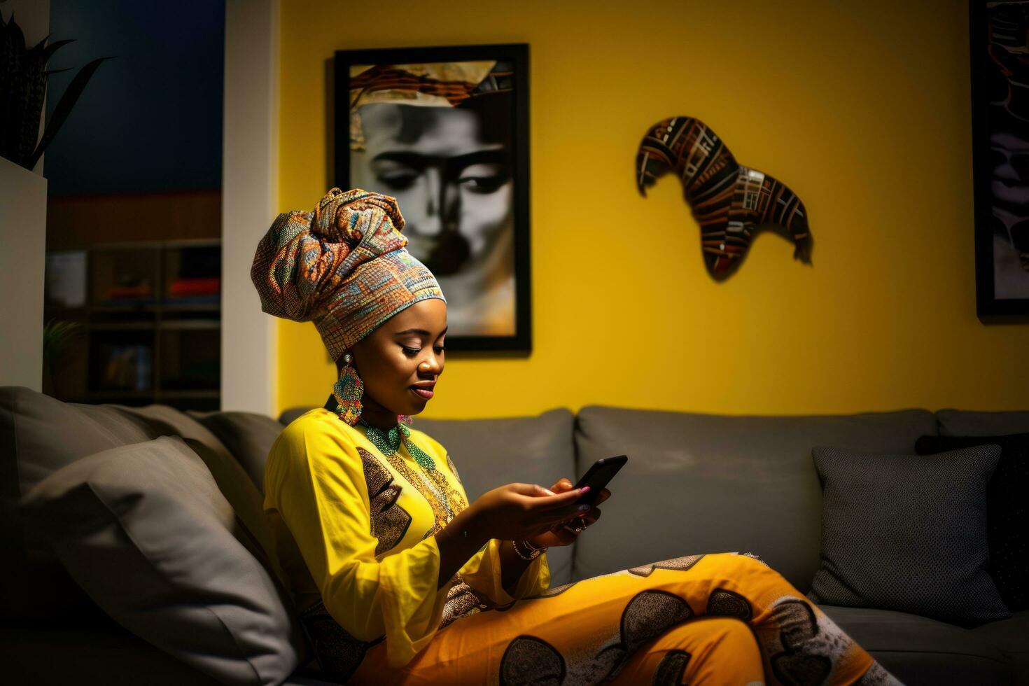 Biracial woman on couch with a cell phone photo