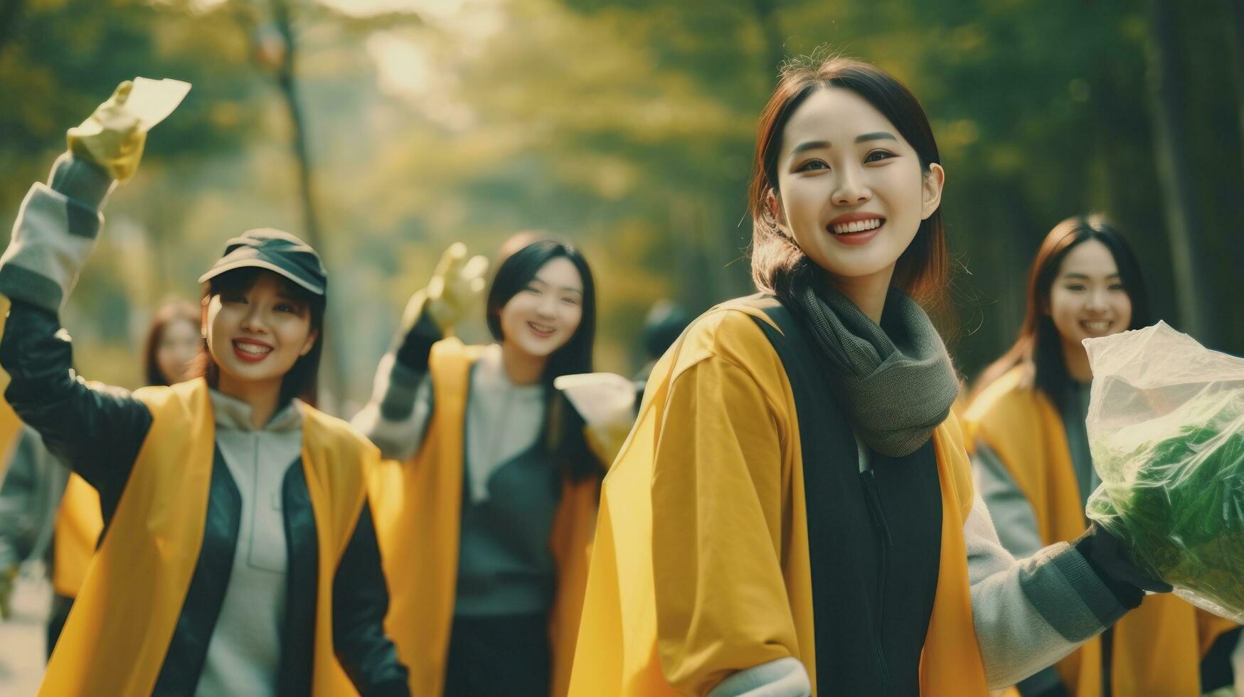 A group of people are using gloves to pick up trash photo