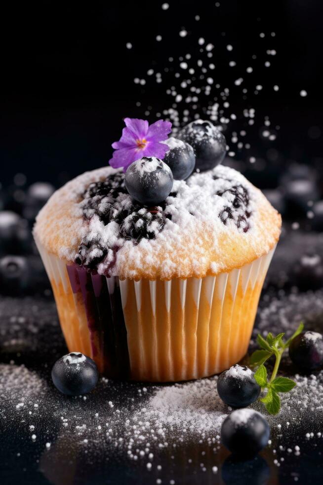 Blueberry cupcake with sugar powder photo