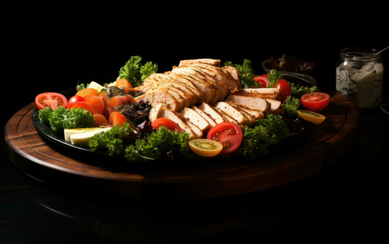 Salad chicken in a bowl on a wooden table photo