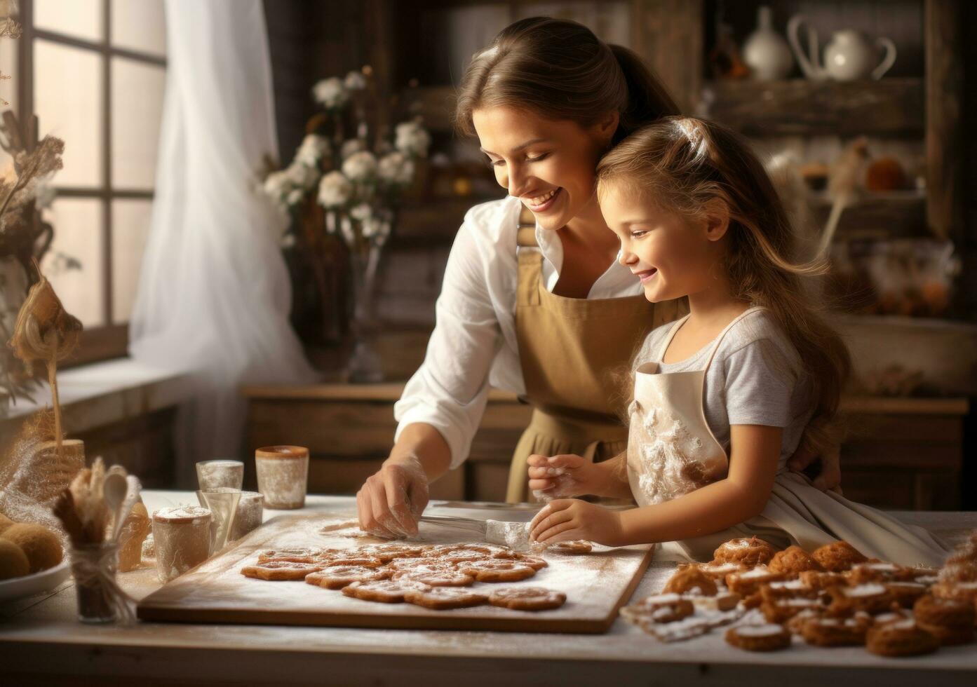 Mom and girl cooking together photo