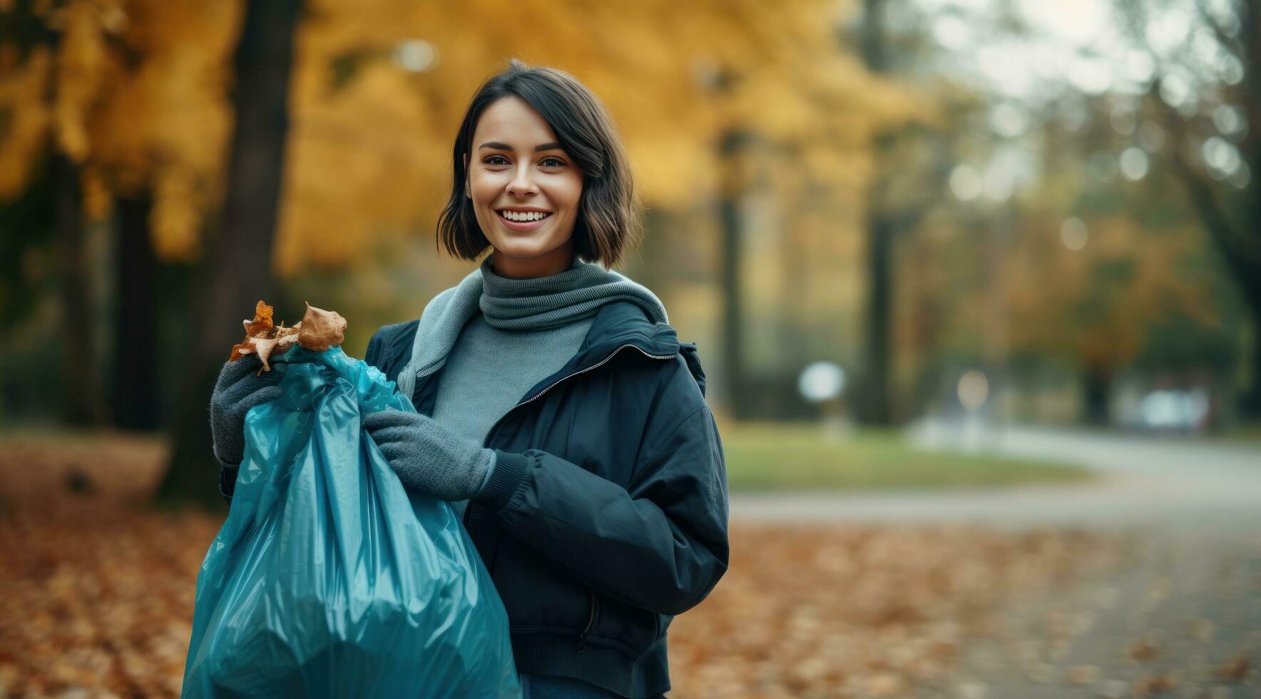 A woman holding an empty garbage bag in the park photo