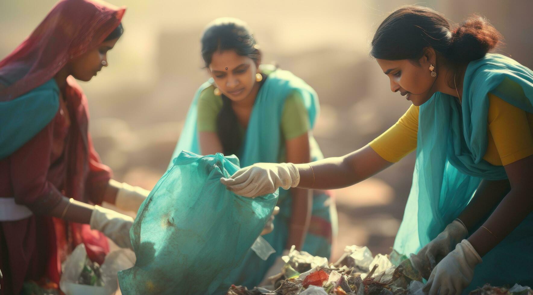 A group of women are using gloves to pick up trash photo