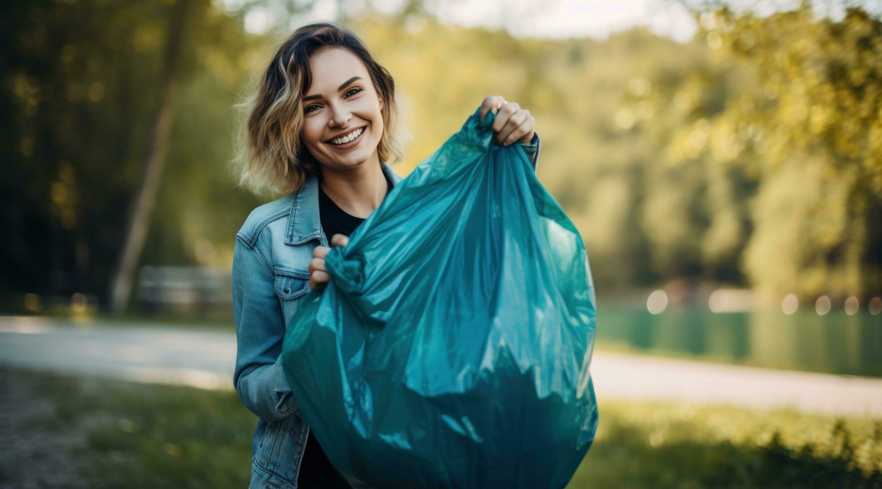 A woman holding an empty garbage bag in the park photo
