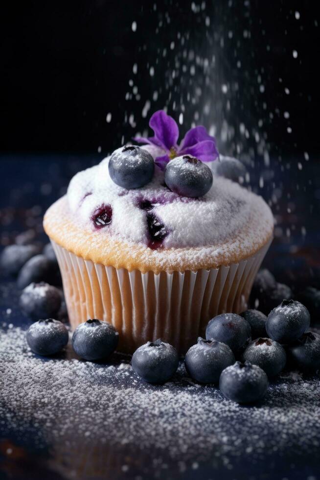 Blueberry cupcake with sugar powder photo