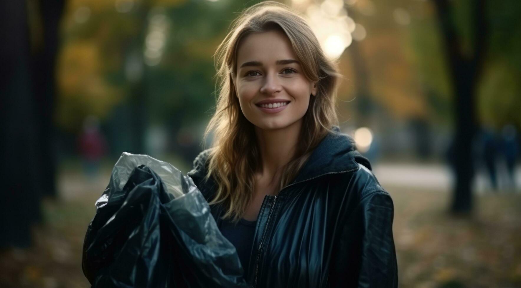 A woman holding an empty garbage bag in the park photo