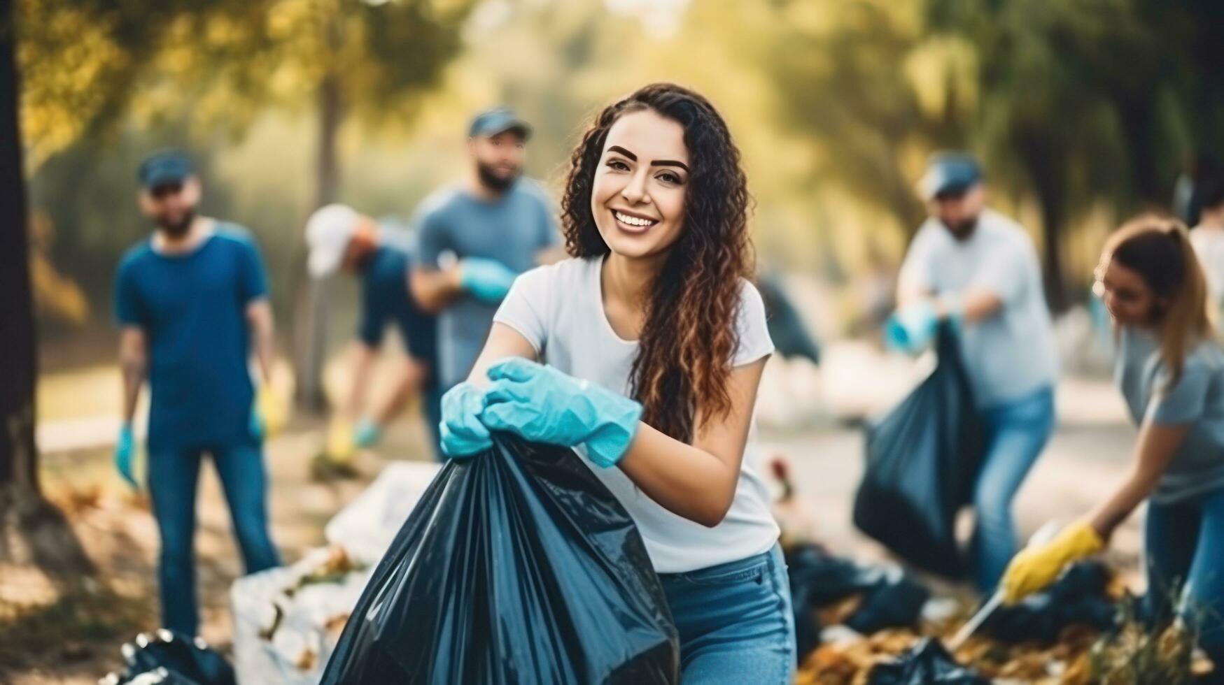 A group of people are using gloves to pick up trash photo