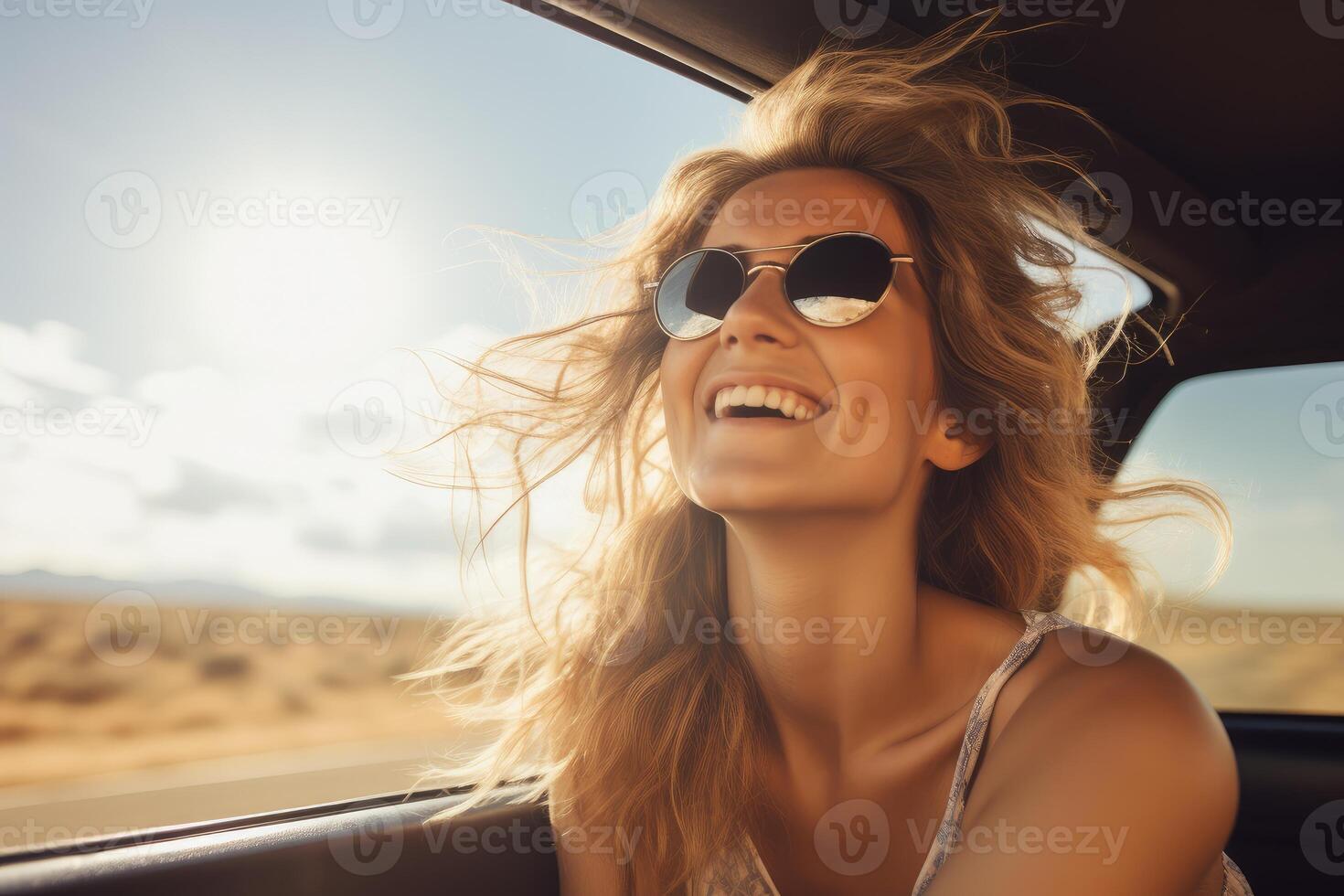 Woman traveling alone sitting in car , photo
