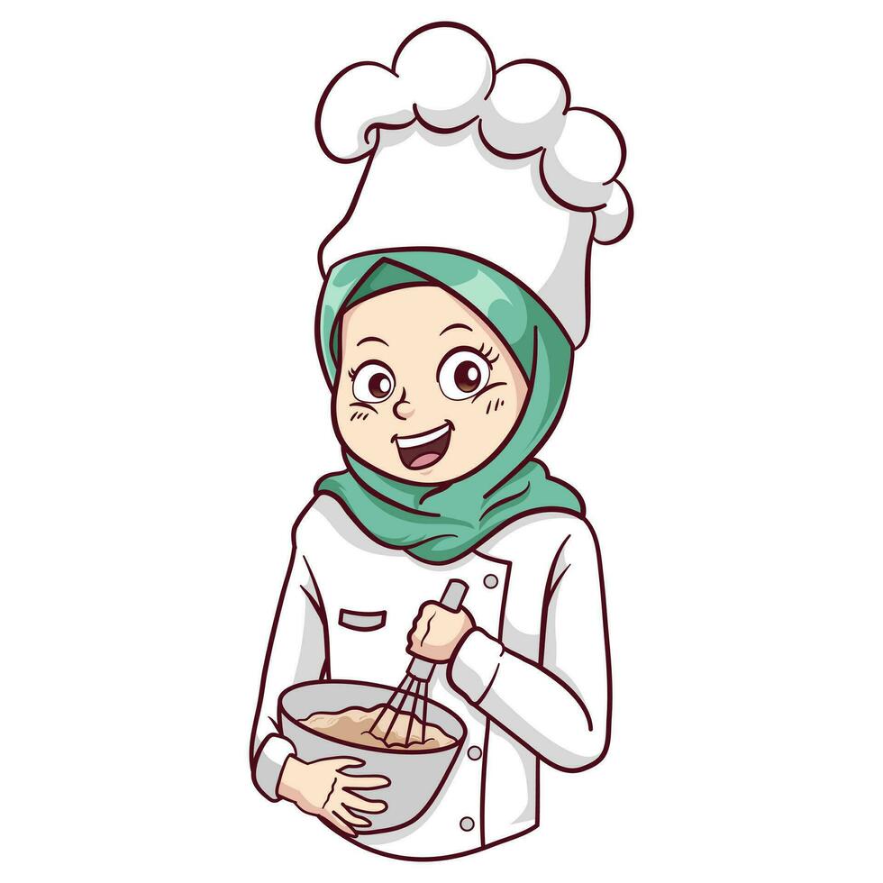 Vector cute and kawaii muslim female chef wearing hijab manga chibi illustration