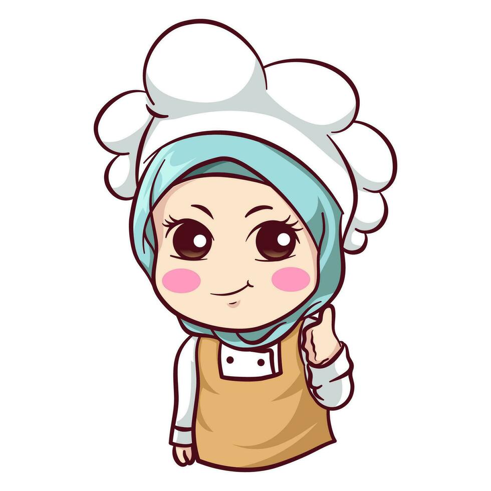 illustration Cute muslim female chef wearing a hijab giving thumbs up vector