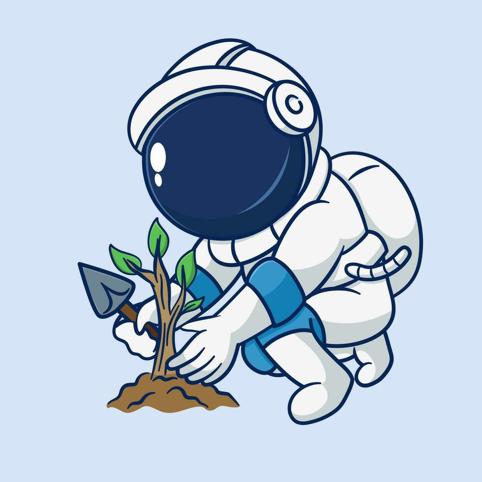 astronaut is planting a tree Cartoon Vector Icon Illustration. Science Nature Icon Concept Isolated Premium Vector. Flat Cartoon Style