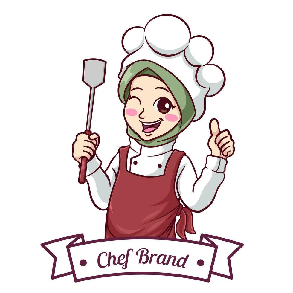 illustration Cute muslim female chef wearing a hijab giving thumbs up and holding spatula vector