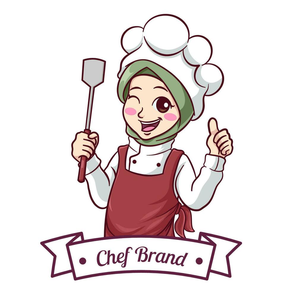 ilustración linda musulmán hembra cocinero vistiendo un hijab dando pulgares arriba y participación espátula vector