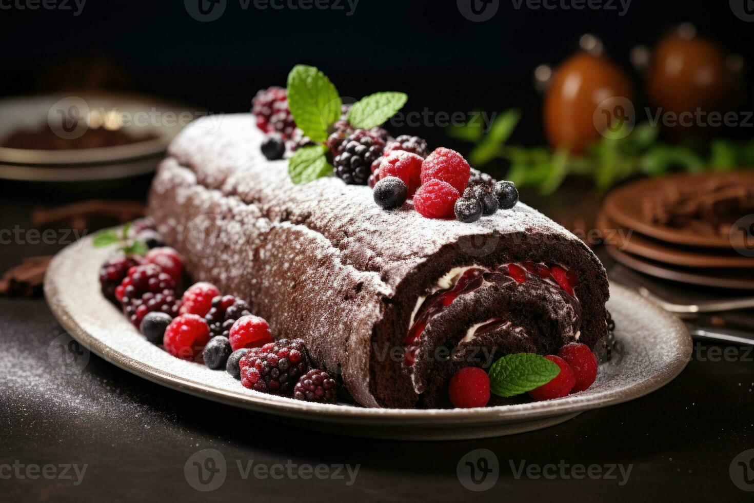 Chocolate Swiss Roll Cake coated with Chocolate Chips on table top, AI Generated photo
