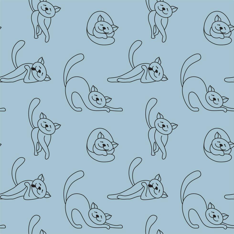 Cat outline. Silhouette of cats in different poses, linear illustration. Seamless pattern for fabric, wrapping, textile, wallpaper, apparel. Vector